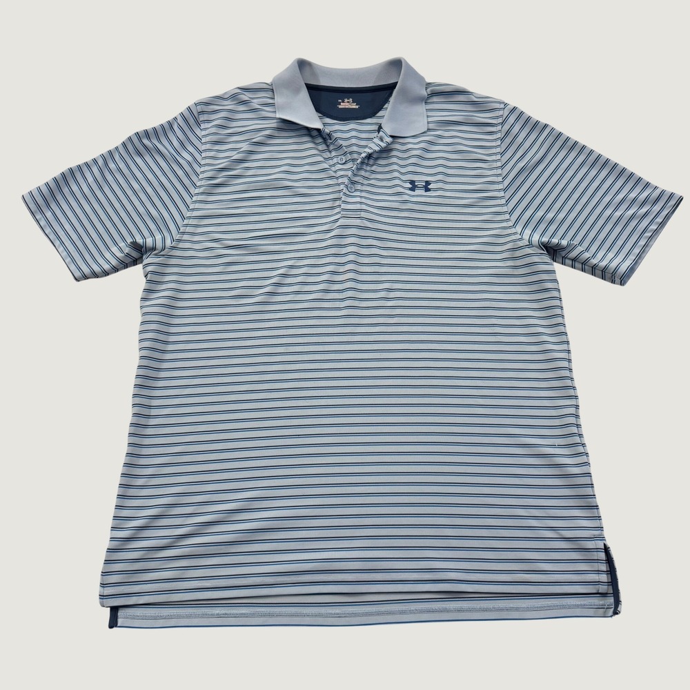 Under Armour HeatGear Polo Shirt Mens XL Blue Striped Short Sleeve Stretch Golf